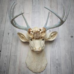 Faux Taxidermy Deer Head Wall Mount with Floral Crown, Stag Head Wall Mount