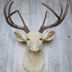 Faux taxidermy deer head wall mount. Head is painted antique white with antique gold accents, antlers are antique gold with antique white accents.
