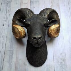 Faux Taxidermy Ram Head Wall Mount, Big Horn Sheep, Black Ram Head