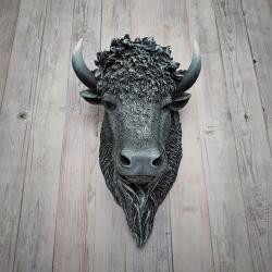 Faux taxidermy bison, painted black with grey and white accenting.