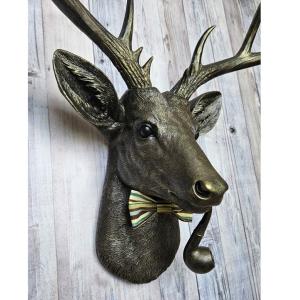 Faux Taxidermy Deer Head with Smoking Pipe and Bow Tie, Faux Taxidermy Stag Head