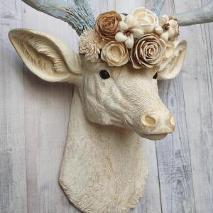 Faux Taxidermy Deer Head Wall Mount with Floral Crown, Stag Head Wall Mount