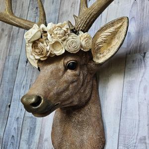 Faux Taxidermy Deer Head with Bird and Floral Crown, Stag Head Wall Mount