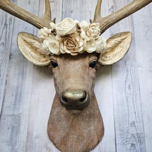 Faux Taxidermy Deer Head with Bird and Floral Crown, Stag Head Wall Mount