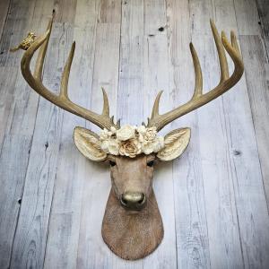 Faux Taxidermy Deer Head with Bird and Floral Crown, Stag Head Wall Mount