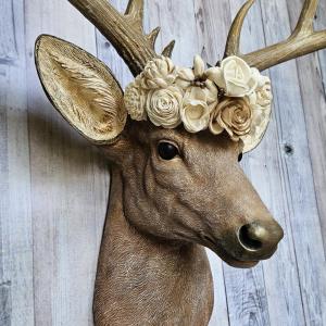 Faux Taxidermy Deer Head with Bird and Floral Crown, Stag Head Wall Mount