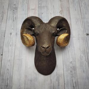 Faux taxidermy ram head, painted brown with gold tipped horns that are graduated in color.