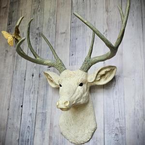faux taxidermy deer head wall mount, painted antique white with gold and italian sage accents, the antlers are italian sage with gold accents