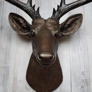 Faux taxidermy deer head, painted dark copper with dark rubbed bronze accents and dark rubbed bronze antlers.