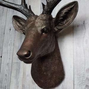 Faux taxidermy deer head, painted dark copper with dark rubbed bronze accents and dark rubbed bronze antlers.