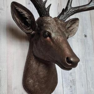 Faux taxidermy deer head, painted dark copper with dark rubbed bronze accents and dark rubbed bronze antlers.