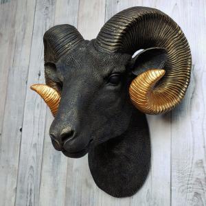 Faux Taxidermy Ram Head Wall Mount, Big Horn Sheep, Black Ram Head