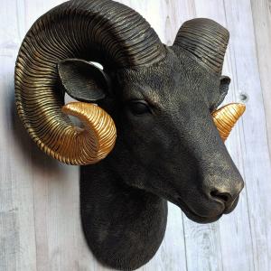 Faux Taxidermy Ram Head Wall Mount, Big Horn Sheep, Black Ram Head
