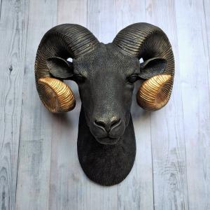 Faux Taxidermy Ram Head Wall Mount, Big Horn Sheep, Black Ram Head