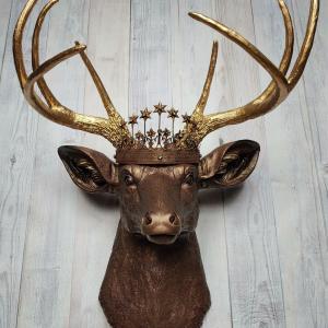 Faux Taxidermy Deer Head, Deer Head with Crown Wall Mount, Stag Head Wall Mount, Deer Head Wall Art