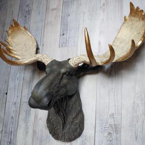 Faux Taxidermy Moose Head Wall Mount, Brown and Gold Moose Head