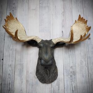Faux Taxidermy Moose Head Wall Mount, Brown and Gold Moose Head