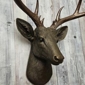 Faux taxidermy deer head painted chestnut brown with dark copper accents and dark copper antlers.