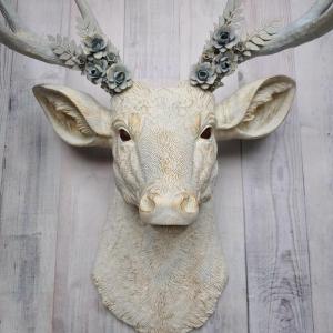 Faux Taxidermy Deer Head Wall Mount with Flowers, Faux Stag Head
