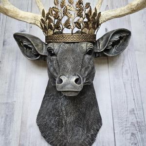 Faux Taxidermy Deer Head Wall Mount, Faux Stag Head with  Leaf Crown