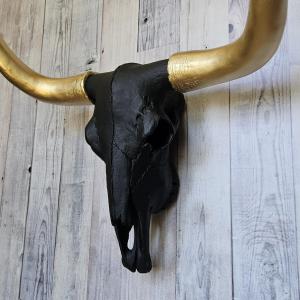 faux taxidermy steer skull, painted black with gold horns