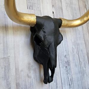 faux taxidermy steer skull, painted black with gold horns