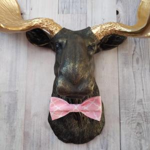 Faux taxidermy moose head, head is painted black with gold accents, antlers painted metallic gold, a pink quatrefoil bow tie accents the neck of the moose