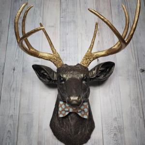 Faux Taxidermy Deer Head Wall Mount, Stag Head Wall Art with brown and blue polka dot Bow Tie
