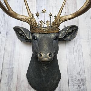 Faux taxidermy deer head, painted slate grey with antique gold accents. The antlers are antique gold and a vintage inspired Santos star crown rests atop the deers head