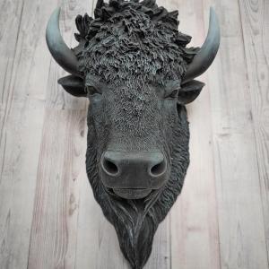 faux taxidermy bison, black with grey and white accents