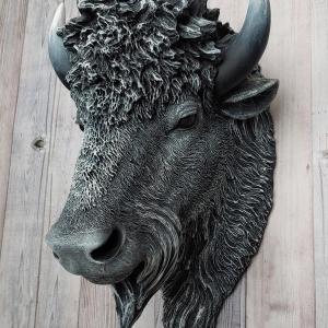 faux taxidermy bison, black with white and grey accents