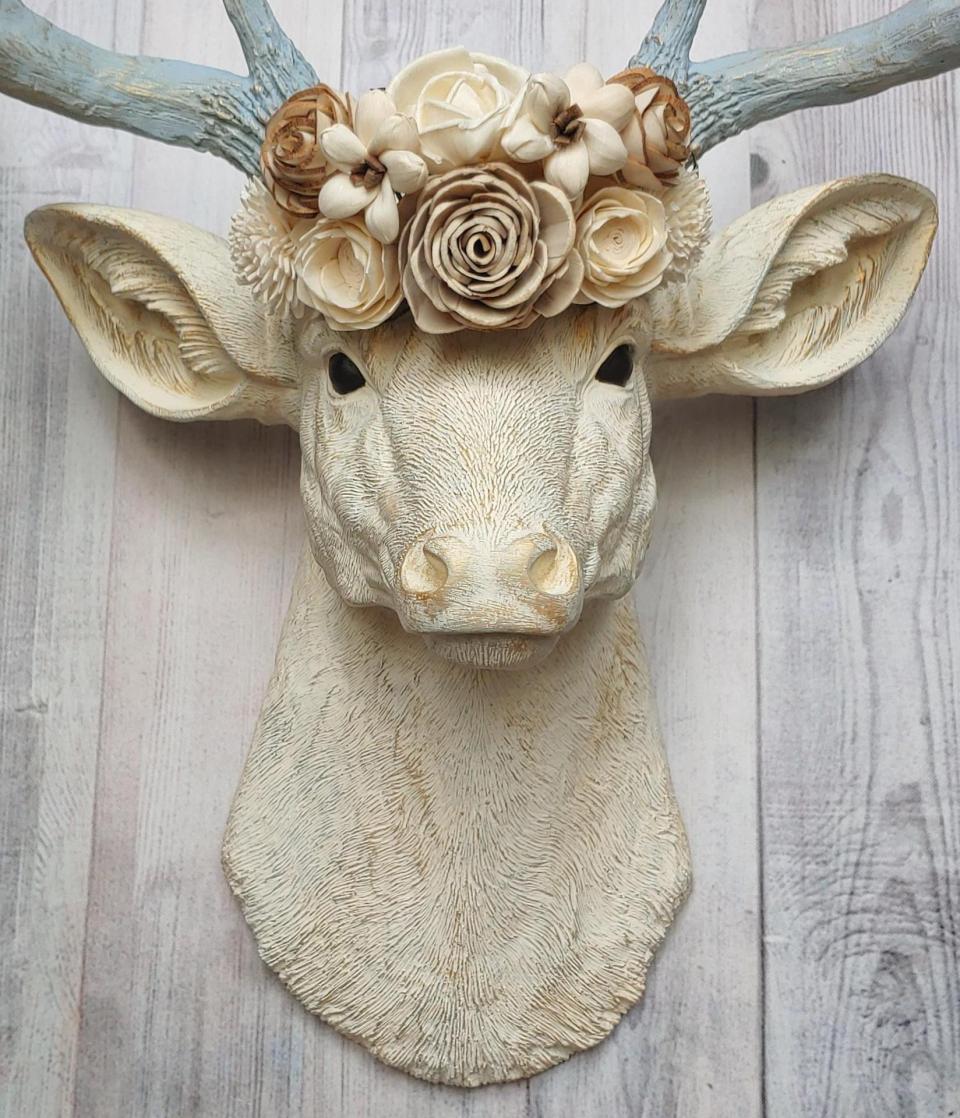 Faux Taxidermy Deer Head Wall Mount with Floral Crown, Stag Head Wall Mount