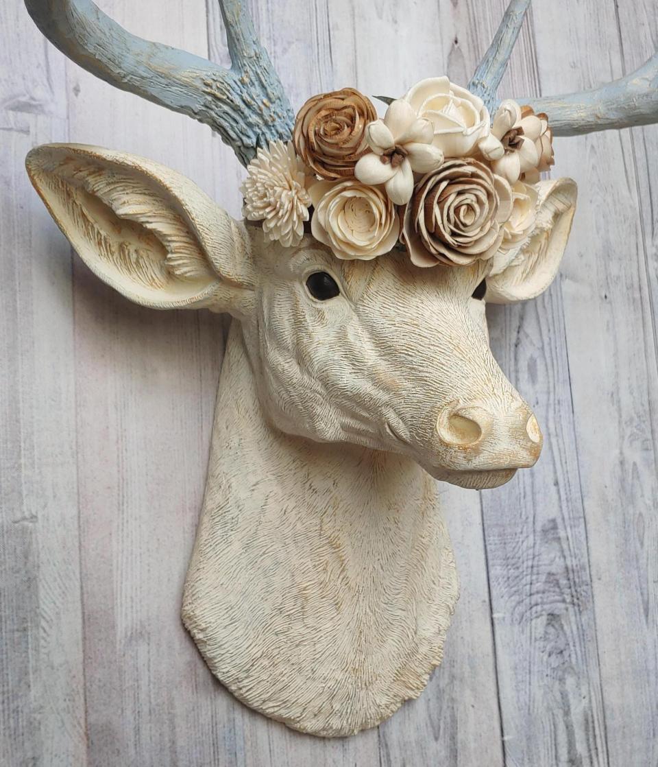 Faux Taxidermy Deer Head Wall Mount with Floral Crown, Stag Head Wall Mount