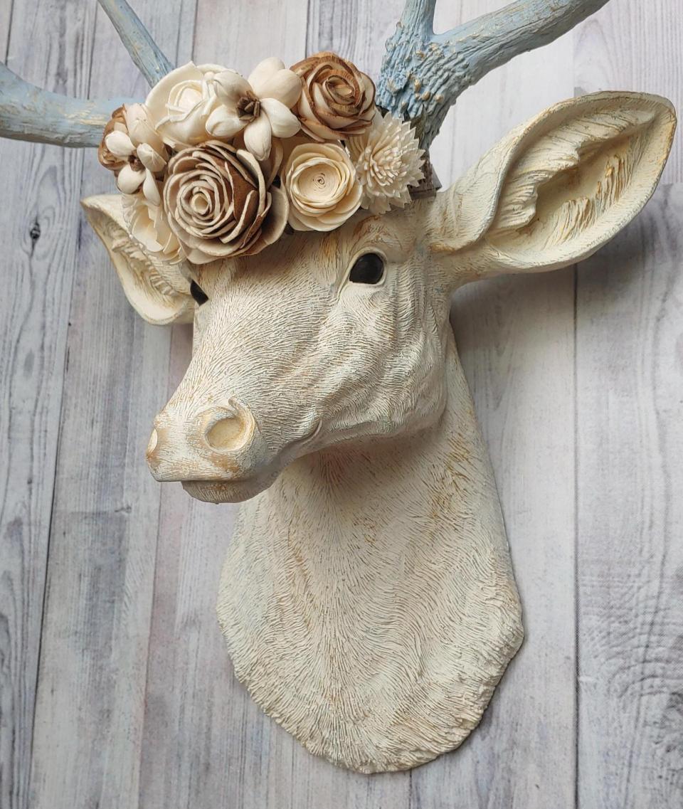 Faux Taxidermy Deer Head Wall Mount with Floral Crown, Stag Head Wall Mount