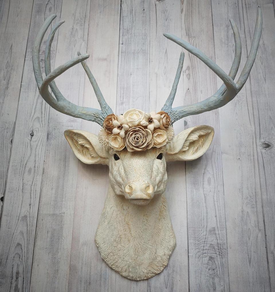 Faux Taxidermy Deer Head Wall Mount with Floral Crown, Stag Head Wall Mount