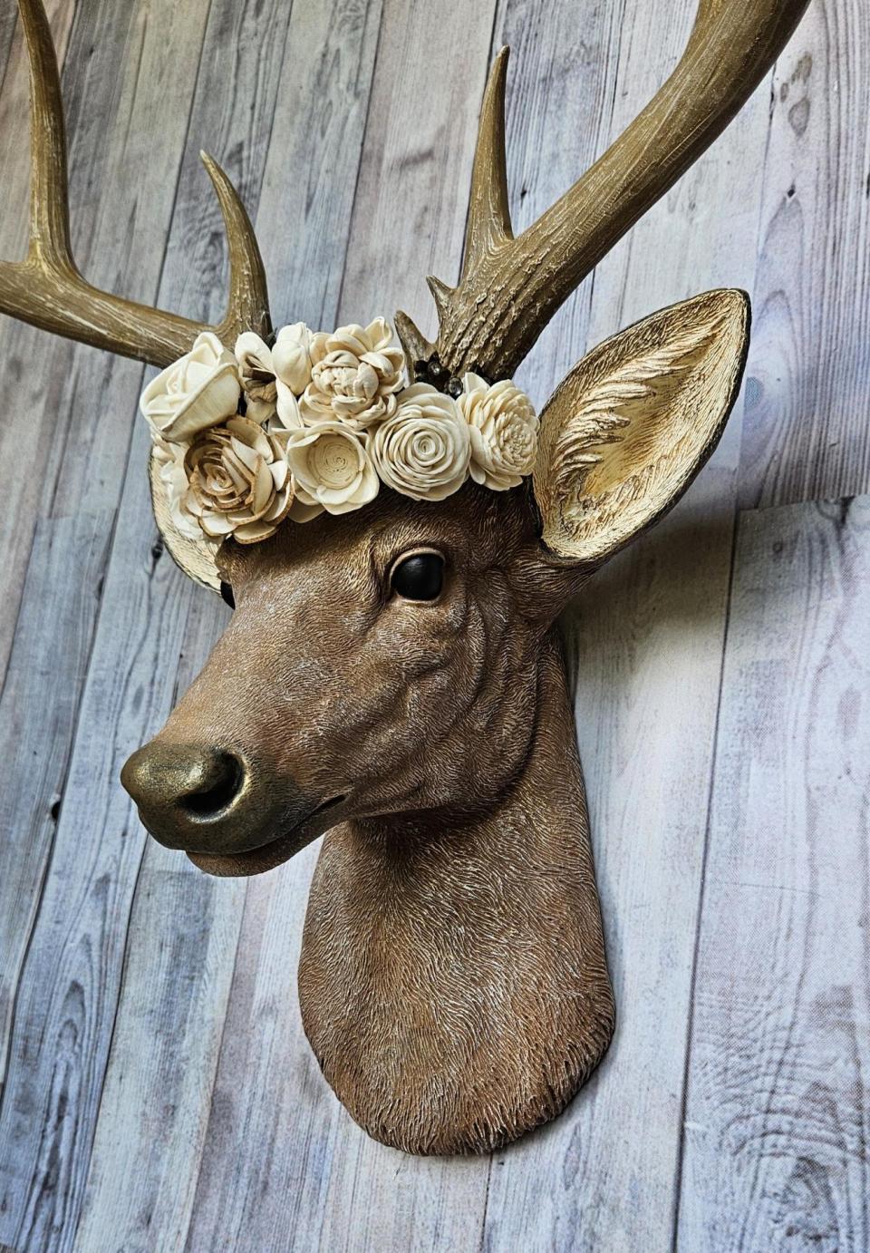 Faux Taxidermy Deer Head with Bird and Floral Crown, Stag Head Wall Mount