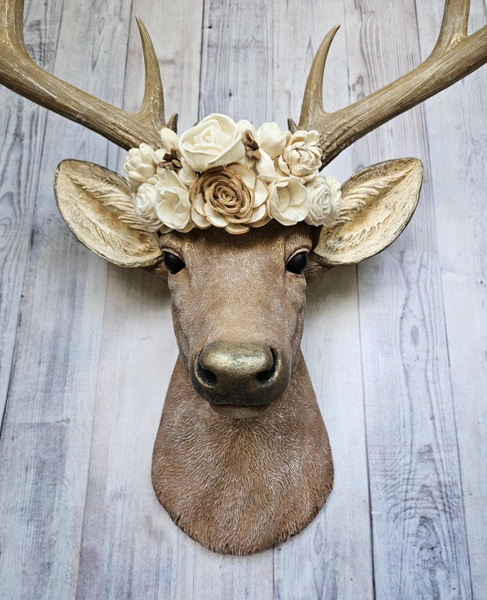 Faux Taxidermy Deer Head with Bird and Floral Crown, Stag Head Wall Mount