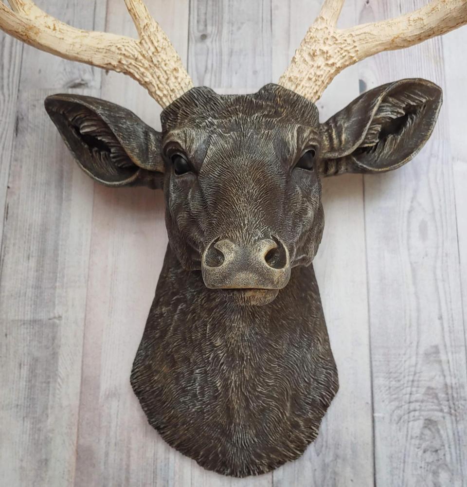 Faux taxidermy deer head painted chestnut brown with cream and gold accenting. Cream antlers with gold antlers, a brass bird rests atop one of the antlers.
