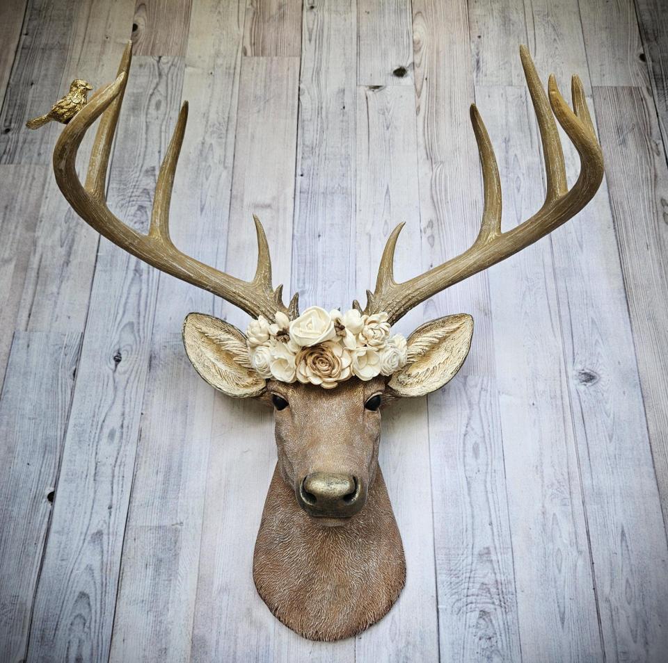 Faux Taxidermy Deer Head with Bird and Floral Crown, Stag Head Wall Mount