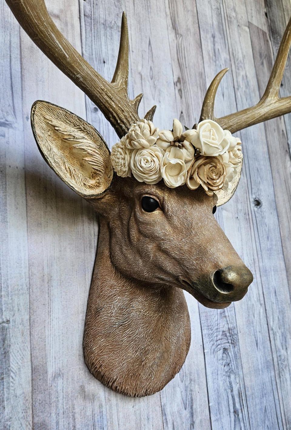 Faux Taxidermy Deer Head with Bird and Floral Crown, Stag Head Wall Mount