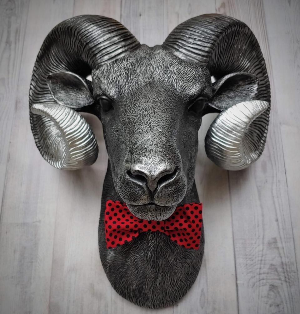 Faux taxidermy ram head wall mount, painted black with metallic silver tipped horns with graduating silver going to the head. A red and black polka dot bow tie accents the neck of the ram.