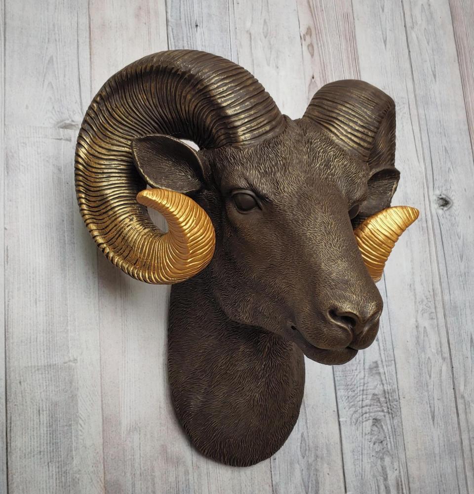 Faux taxidermy ram head, painted brown with gold tipped horns that are graduated in color.