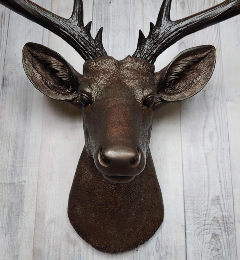 Faux taxidermy deer head, painted dark copper with dark rubbed bronze accents and dark rubbed bronze antlers.
