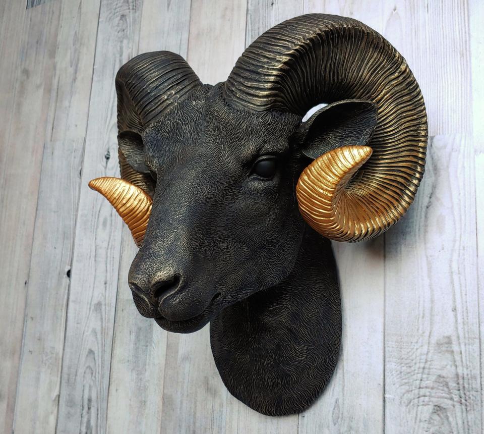 Faux Taxidermy Ram Head Wall Mount, Big Horn Sheep, Black Ram Head