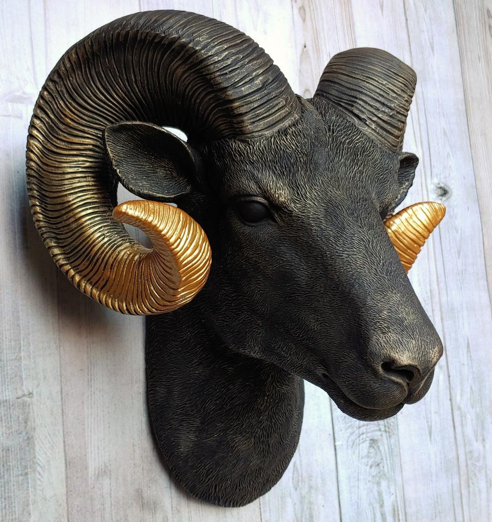 Faux Taxidermy Ram Head Wall Mount, Big Horn Sheep, Black Ram Head