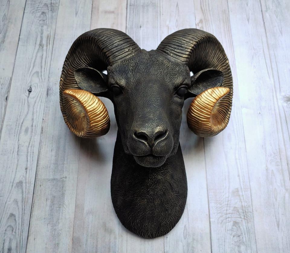Faux Taxidermy Ram Head Wall Mount, Big Horn Sheep, Black Ram Head