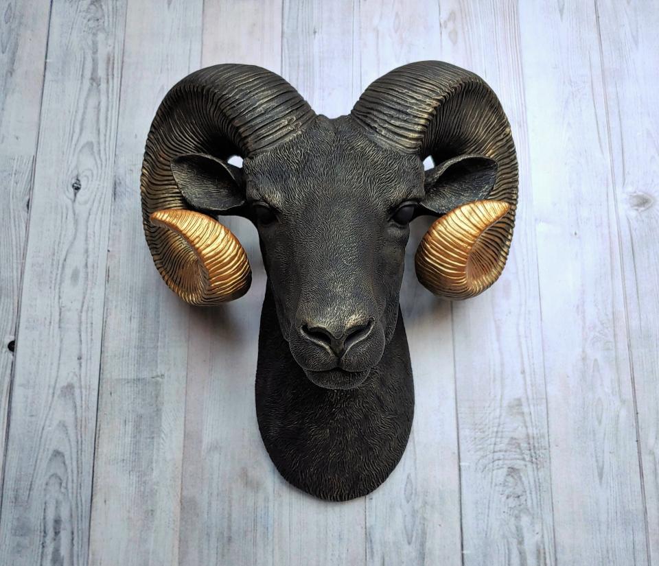 Faux Taxidermy Ram Head Wall Mount, Big Horn Sheep, Black Ram Head