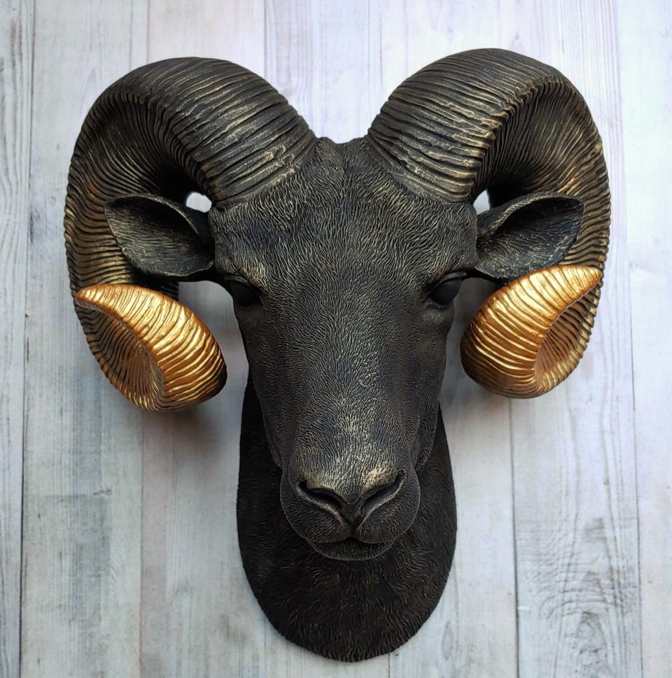 Faux Taxidermy Ram Head Wall Mount, Big Horn Sheep, Black Ram Head