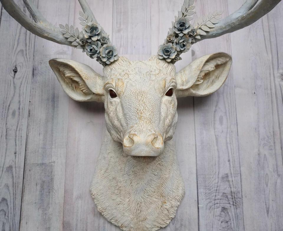 Faux Taxidermy Deer Head Wall Mount with Flowers, Faux Stag Head