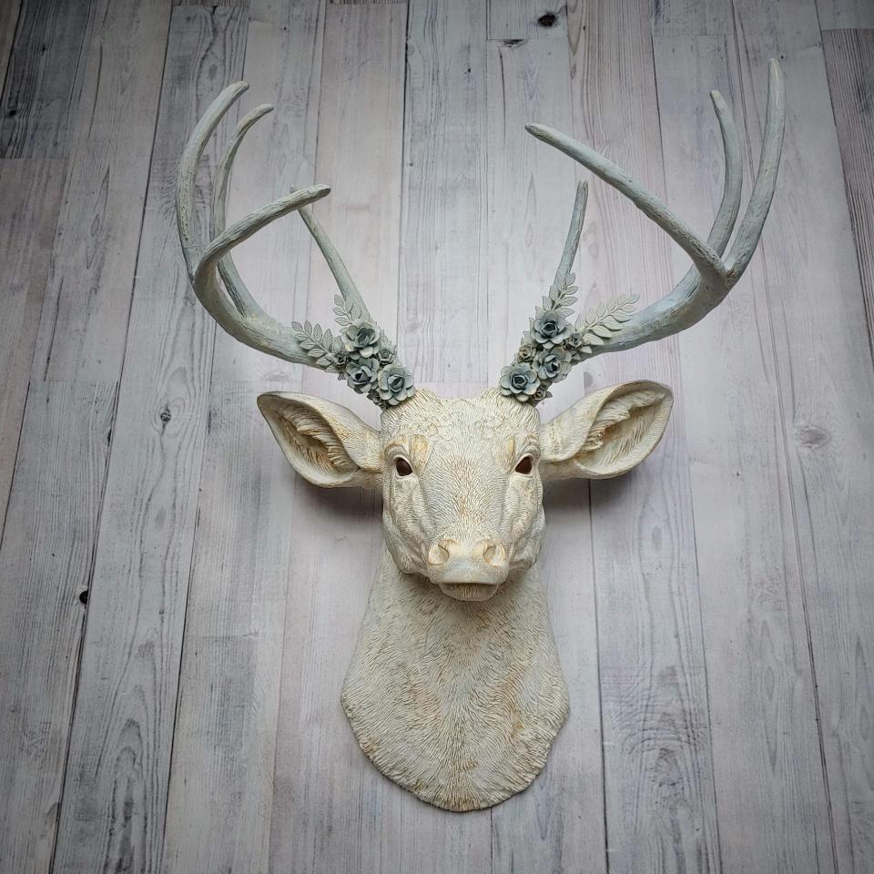 Faux Taxidermy Deer Head Wall Mount with Flowers, Faux Stag Head